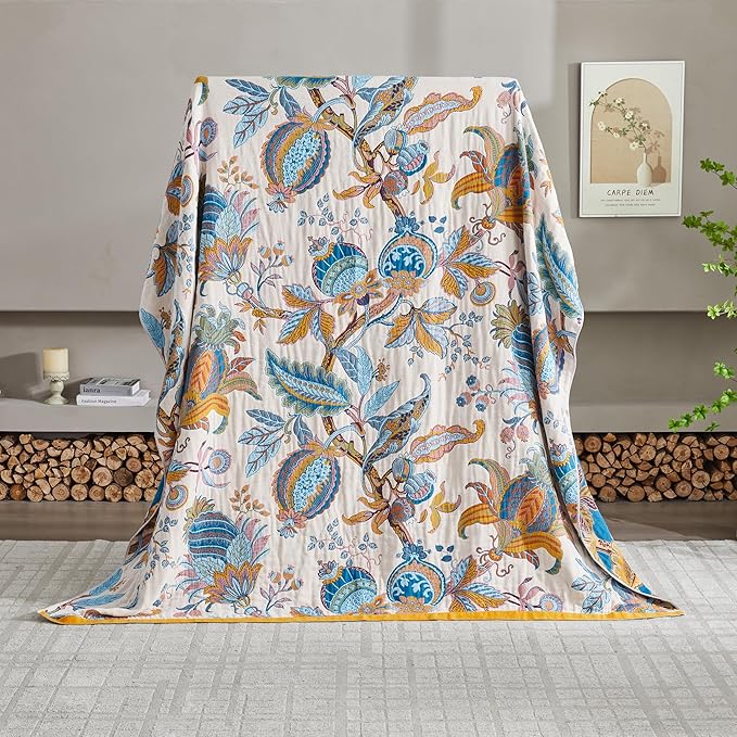 King Size Boho Throw Blanket,90"x98" Ultra Large 4-Layer 100% Cotton Throw Blankets for Couch,Bed,Breathable Floral Pattern Muslin Blanket Woven Boho Quilt for Christmas