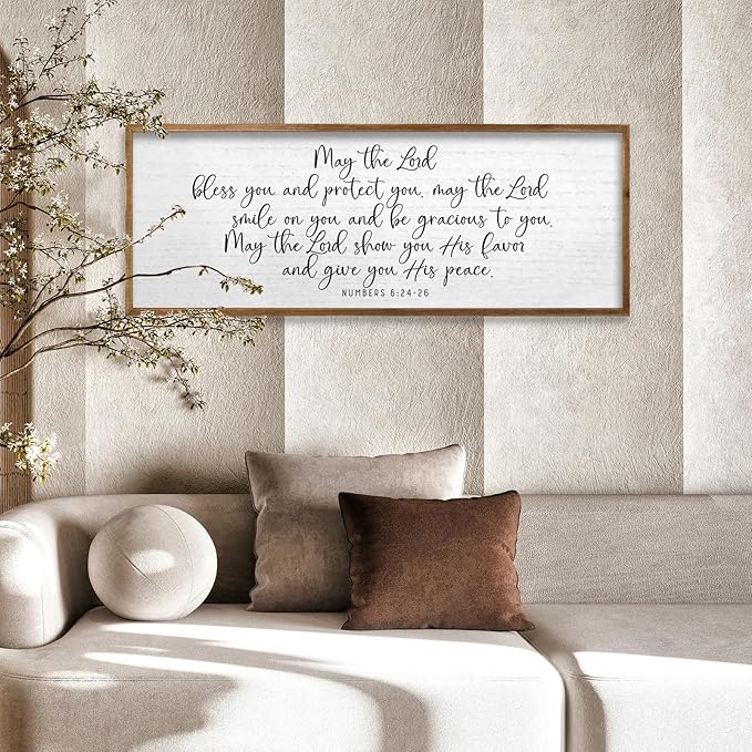 TQianJiang Christian Wall Art Numbers 6:24-26 Bible Verse Catholic Decor 40"×15" Scripture for Living Room Religious Sign Christ Jesus Family Framed Home Hanging Decoration (Wood)