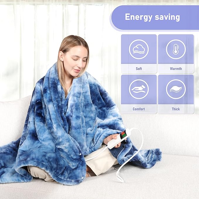 Electric Heated Blanket Throw 50''x60''Size Faux Fur Heating Blanket 10 Heating Settings, 1-8h Timer & Overheat Protection, Machine Washable, Soft Flannel and Sherpa Full Body Warmth
