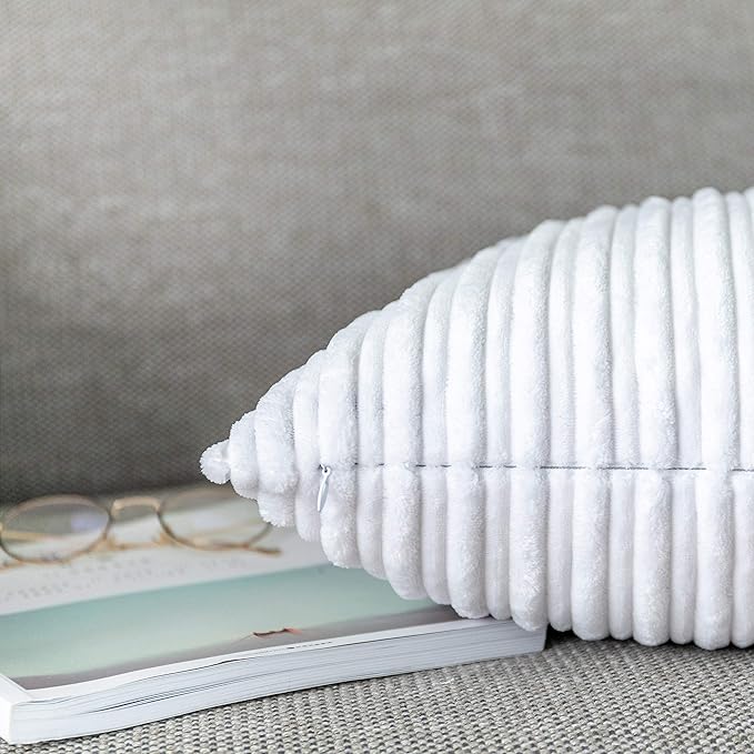 UGASA Velvet Pillow Covers Striped, Decorative Throw Cushion Case with Hidden Zipper for Home Couch/Bedroom/Car, Soft Cozy Solid Square, 1 Pack (18"x18", Pure White)