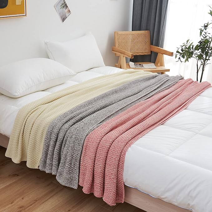 Longhui bedding Dusty Pink Knitted Throw Blanket for Couch, Soft, Cozy Machine Washable 100% Cotton Sofa Knit Blankets, 60 x 80 Inches Oversized, Pink and White Color, Laundry Bag Included