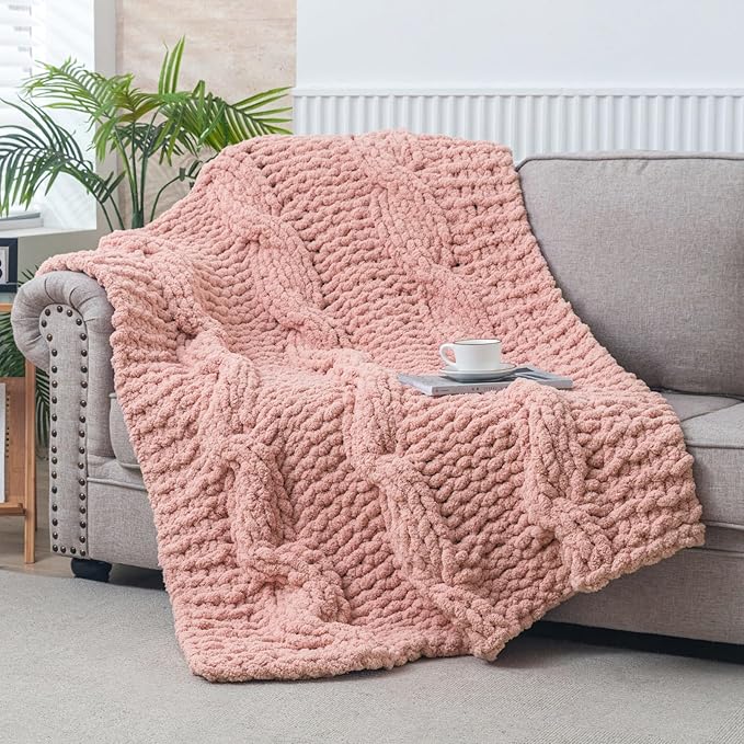 WESHIONGOO Chunky Knit Blanket Throw 50"×60" Knitted Throw Blankets for Couch Bed Fluffy Soft Blanket with Jumbo Chenille Yarn Thick 100% Handmade(Pink)