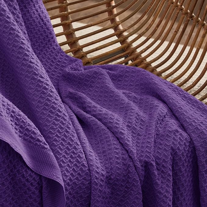 Bedsure Gentlesoft 100% Cotton Blanket Queen Size for Bed - Breathable and Soft for Spring Summer, Thick Cozy Waffle Weave Blanket Gifts for Women, Purple, 90x90 Inches