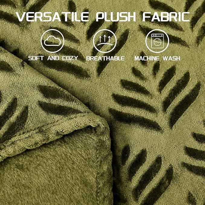 Exclusivo Mezcla Twin Size Fleece Blanket for Bed, Super Soft and Cozy Blankets All Season Use, Leaves Pattern, Plush Fuzzy Lightweight, Olive Green, 60x80 Inch