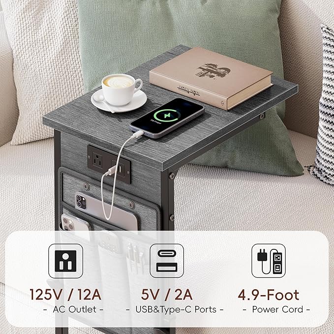 Vagusicc C Shaped End Table with Charging Station, C Table End Table Adjustable Height, Small Side Table for Couch, Sofa Table Slide Under Couch TV Tray Arm Table for Living Room, Bedroom, Gray Walnut
