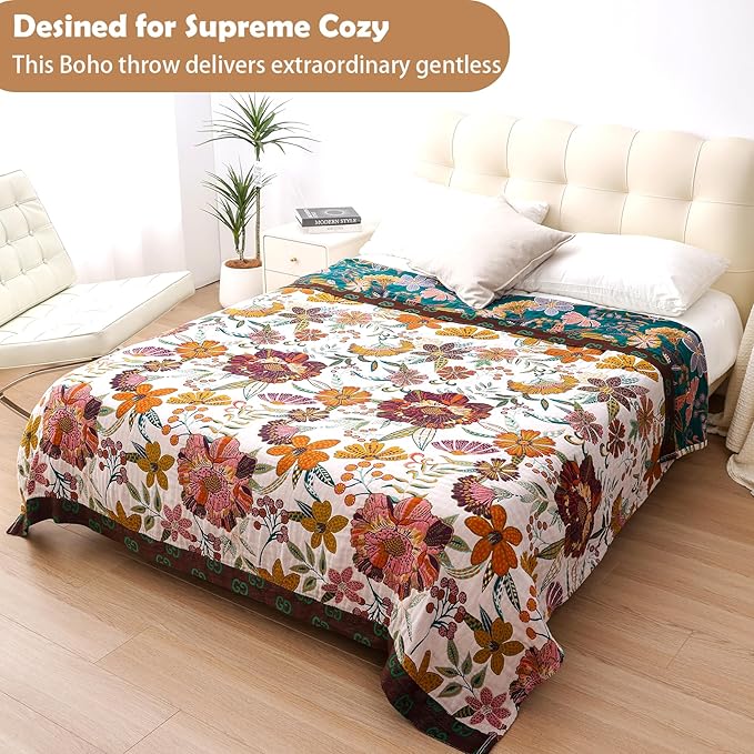 Boho Throw Blanket for Bed, 100% Cotton Muslin Soft Twin Throw-Floral Farmhouse Rustic Decor Blanket for Couch Sofa Quilt and Gift, 60" x 80"-BeigeWhite