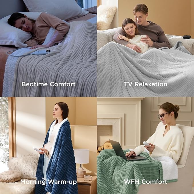 Bedsure GentleSoft Heated Blanket Electric Throw - Soft Ribbed Flannel Electric Blanket, Heating with 4 Time Settings, 6 Heat Settings, and 3 hrs Timer Auto Shut Off (50x60 inches, Light Grey)
