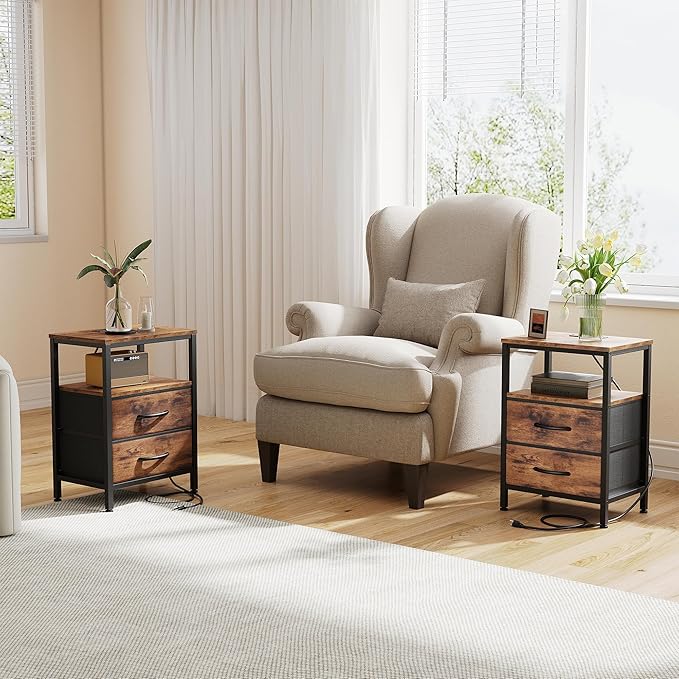 DUMOS Nightstand Set of 2 with Built in Charging Station USB Ports and Outlets Adjustable Fabric Drawer Storage Bedside Table with Open Shelf for Bedroom,Brown