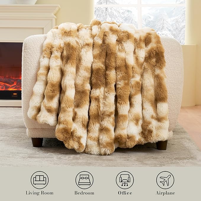 Amélie Home Faux Fur Throw Blanket for Couch, Ultra Soft Fuzzy Plush Bubble Throw for Sofa, Living Room & Home Decor, 50"x60", Tie-dye Khaki