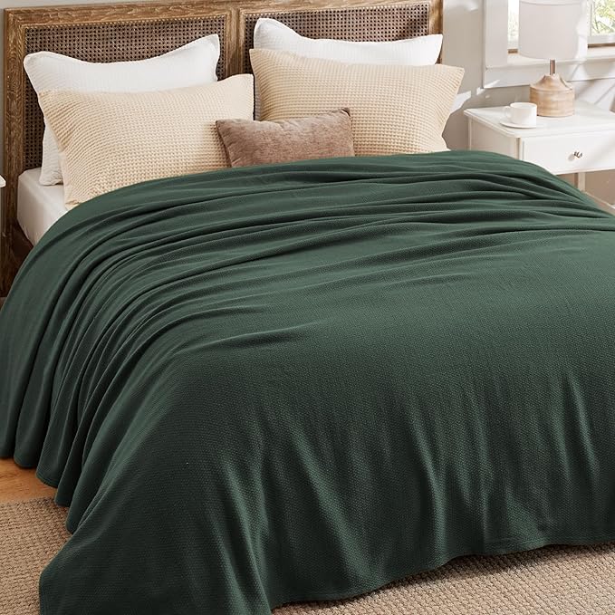 Bedsure 100% Cotton Large Blanket Oversized King for Bed 120x94 inches - Breathable Soft Cozy Herringbone Woven Blanket for Summer, Couch Cover, Dark Green