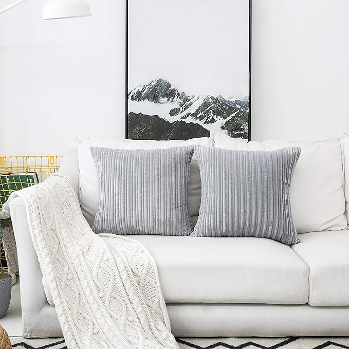 UGASA Velvet Pillow Covers Striped, Decorative Throw Cushion Case with Hidden Zipper for Home Couch/Bedroom/Car, Soft Cozy Solid Square, 1 Pack (20"x20", Light Grey)