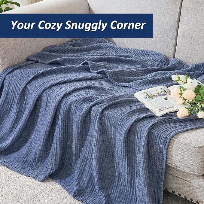 EMME Cotton Muslin Large Throw Blanket Couch Breathable Gauze Soft Lightweight Bed Blankets Adults (Heather Navy, 50"x70")