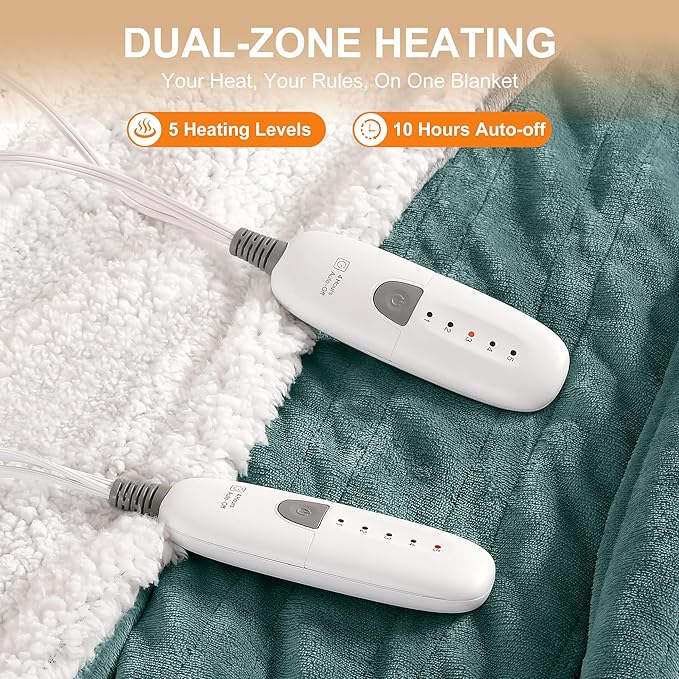 King Heated Blanket 100''X90'', Ultra Soft Silky Flannel & Fluffy Sherpa Heating Blanket Dual Control with 5 Heat Levels & 10 Hrs Timer, ETL Certified & Overheat Protection, Machine Washable
