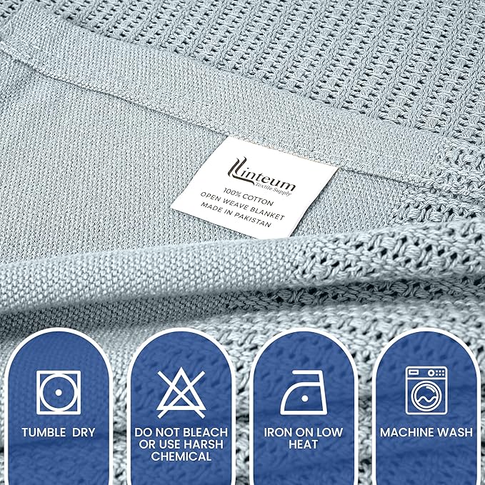 Linteum Textile Supply Leno Weave Ice Grey Blanket, Twin 100% Cotton, Lightweight, Warm, Fluffy, Premium and Durable Soft & Cozy Bed Blanket for Home, Couch, Sofa & Dorm, All Season Throw [66x90]