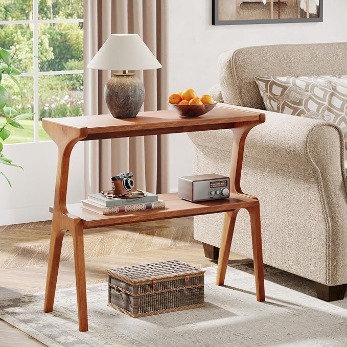 Tribesigns Set of 2 Solid Wood End Table, Modern Side Table for Couch, 2-Tier Narrow Tall End Table, Long Bedside Table for Living Room, Bedroom, Walnut