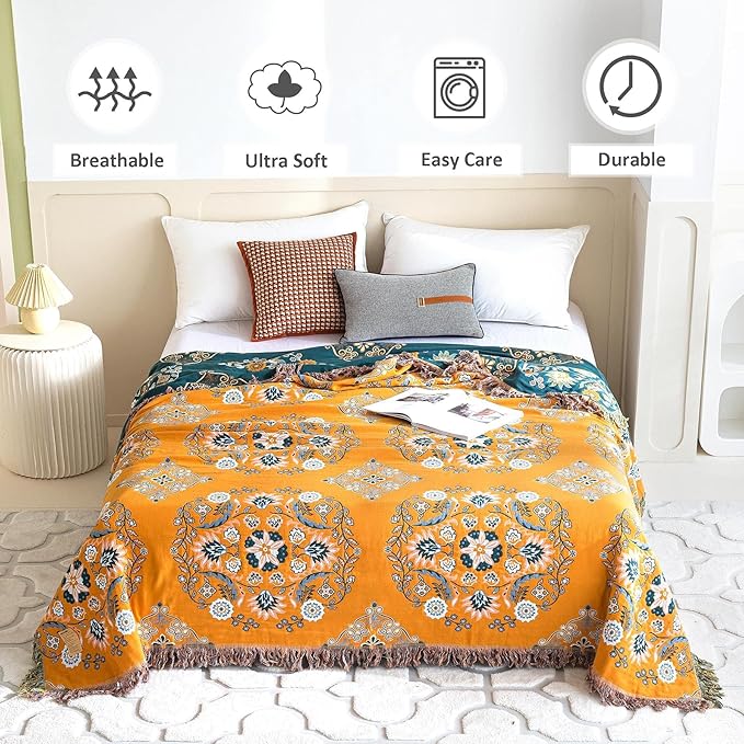Boho Throw Blanket for Bed 100% Cotton Soft Lightweight Quilt Floral Embroidery Home Decor Spring Breathable Bed Blanket,60"x80" All Season Reversible Twin Yellow Blankets for Sofa Couch Chair