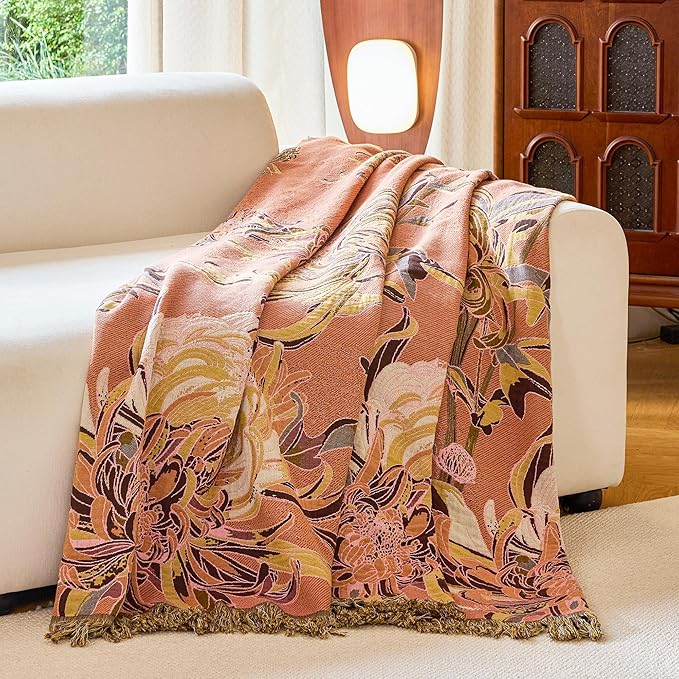 Boho Throw Blanket 60" x 80", 100% Organic Cotton Breathable Skin-Friendly Ultra Soft Bed Quilt Throw - Floral Rustic Decor Luxury Reversible Blanket for Sofa Couch Chair and Gift,