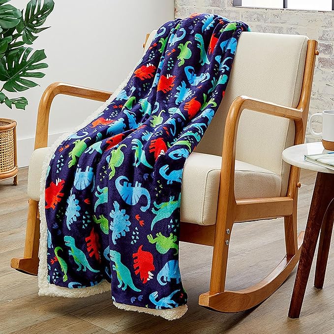Elegant Comfort Luxury Dinosaur Sherpa Throw Blanket Ultra -Soft Cozy Velvet Cute Dino Fleece Throw-Micromink Sherpa - Cute Birthday Gift for Boys and Girls Kids, Sherpa Reversible Blanket- Navy Dino