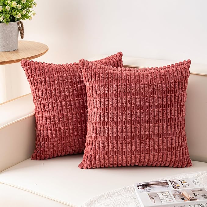 Aegero Pack of 2 Corduroy Decorative Throw Pillow Covers 24x24 Inch Soft Striped Pillow Covers Modern Farmhouse Home Decor for Sofa Living Room Couch Bed（Cranberry Red）