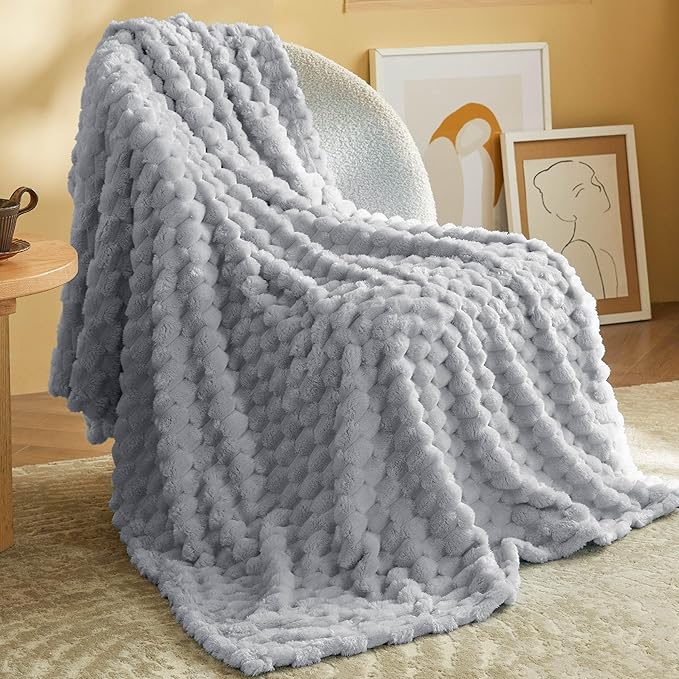 Bedsure Light Grey Throw Blanket for Couch - 350GSM Fluffy Plush Bubble Blanket for Bed Home Room Decor, GentleSoft Cute Fleece Soft Cozy Gifts for Women Girls, 50x60 Inches