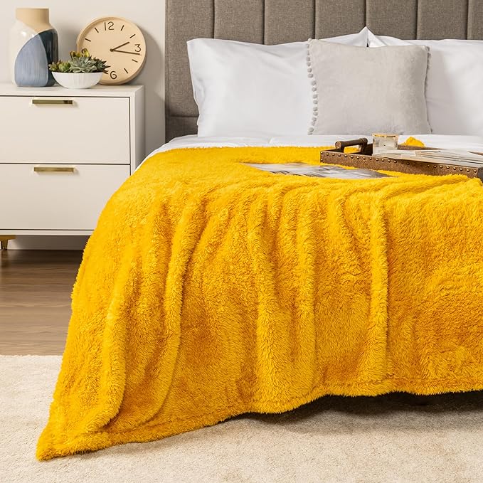 PAVILIA Sherpa Throw Blanket for Couch Sofa, Mustard Yellow Fluffy Warm Plush Blanket for Twin Bed, Cozy Super Soft Lightweight Throw, Fuzzy Decorative Blanket, All Season Home, 60x80