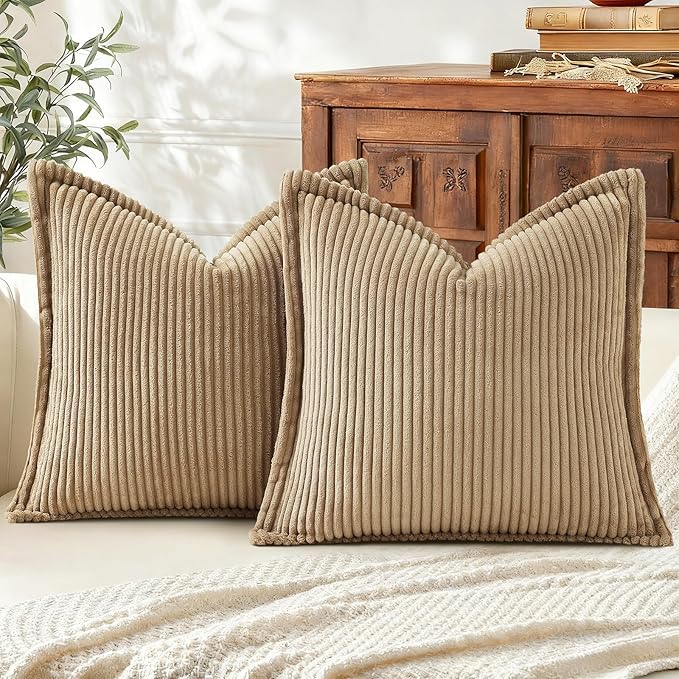Mecatny Corduroy Throw Pillow Covers 24x24 Set of 2, Neutral Decorative Soft Boho Couch Pillow Covers with Broadside for Sofa Living Room, Khaki