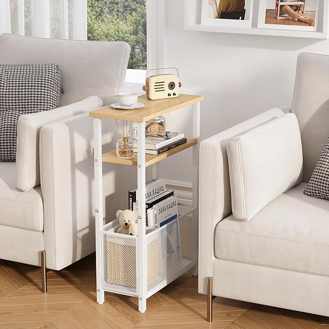Narrow Side Table with Storage Basket Skinny End Tables for Smalls Spaces 3 Tier Sofa Table Small Nightstand Slim Bedside Table for Living Room Bedroom Natural Wood MLBZ22Y