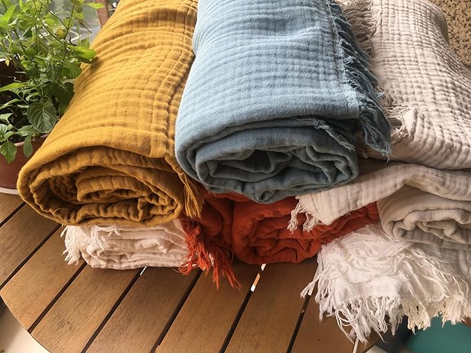 KyraHome 100% Organic Cotton Throw Blanket for Couch, 60"x80" Large Muslin Blankets for Adult, Couch, Plant Dyed Pre-Washed Breathable Gauze Warm, Fall Cotton Blankets, All Season (Mustard Yellow)