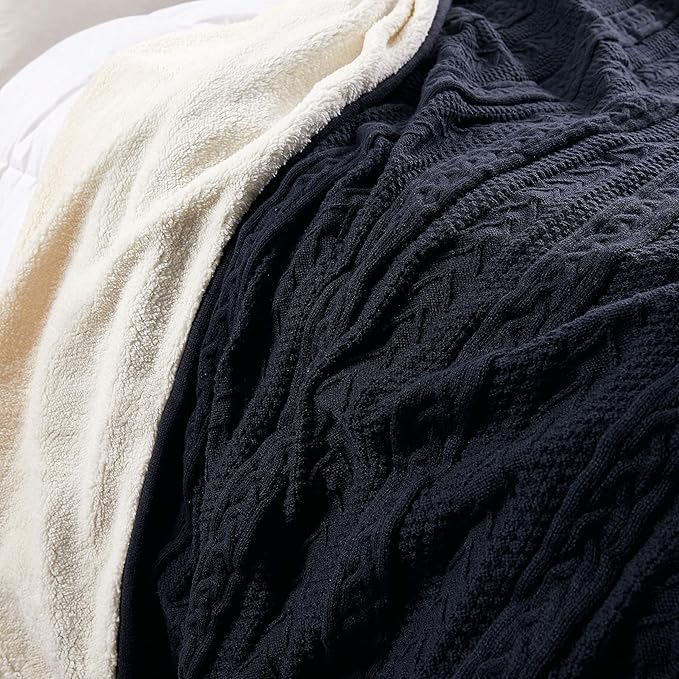 Longhui bedding Acrylic Cable Knit Sherpa Throw Blanket - Thick, Soft, Big, Cozy Navy Knitted Fleece Blankets for Couch, Sofa, Bed - Large 60 x 80 Inches Navy Blue Coverlet, 5.2 Pounds