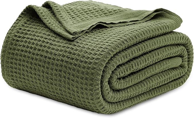 Bedsure Gentlesoft 100% Cotton Blanket Twin XL Size for College Dorm - Breathable and Soft for Spring Summer, Waffle Weave Twin Blanket for Bed, Dorm Room Essentials, Olive Green, 66x90 inches