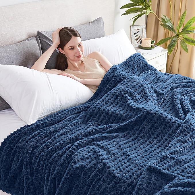 Soft Cozy Fuzzy Fleece Queen Size Blanket, Waffle Navy Blue, 90x90 Inches – Lightweight, Fluffy, and Warm 3D Jacquard All-Season Blanket for Bed, Couch, Sofa, Camping, and Travel
