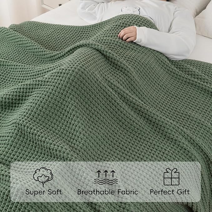 Bunnikins & Clover Knitted Waffle Throw Blanket 50x60 Inches, Sage Green Throw Blanket for Couch, Soft Cozy Chenille Knit Blanket Warm Decorative Throw for Sofa