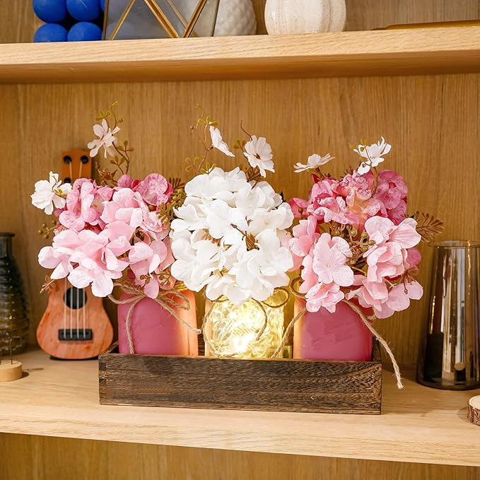 Donmills Mason Jar Lights Centerpiece Table Decor for Dining Room – Farmhouse Wood Tray with 3 Jars, Pink and White Flowers, Valentines Day & Wedding Decoration for Coffee Table, Kitchen, Living Room