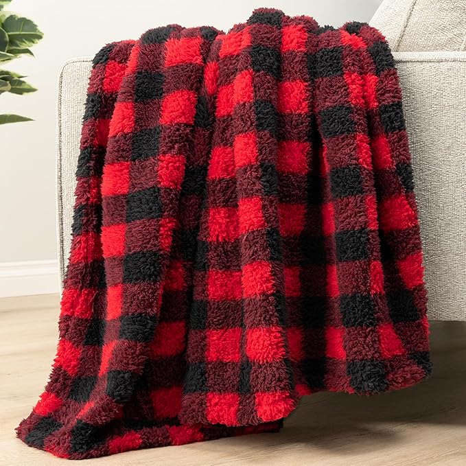 PAVILIA Sherpa Throw Blanket for Couch Sofa, Black Red Checkered Fluffy Warm Plush Blanket for Twin Bed, Cozy Super Soft Lightweight Throw, Fuzzy Decorative Blanket, All Season Home, 60x80