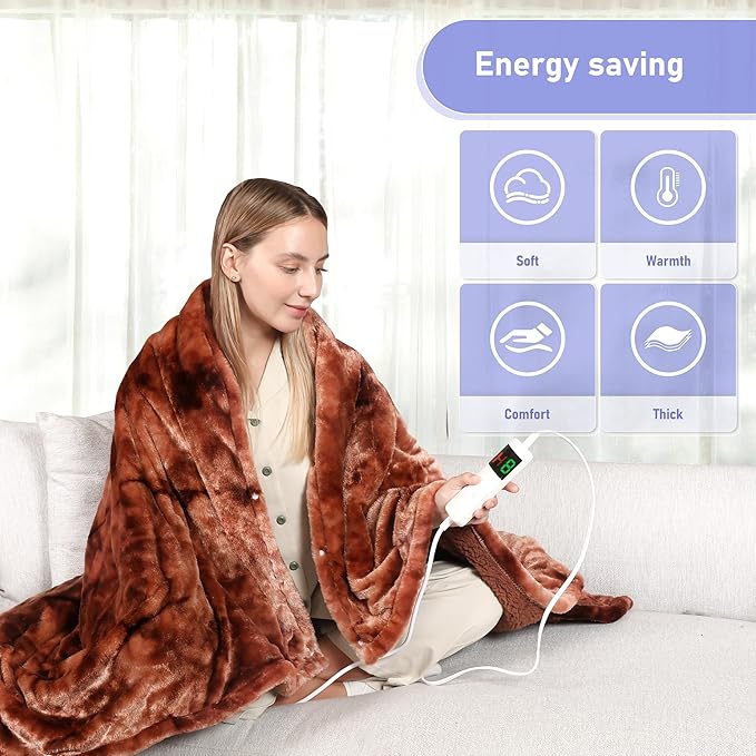 Electric Heated Blanket Throw 50''x60''Size Faux Fur Heating Blanket 10 Heating Settings, 1-8h Timer & Overheat Protection, Machine Washable, Soft Flannel and Sherpa Full Body Warmth