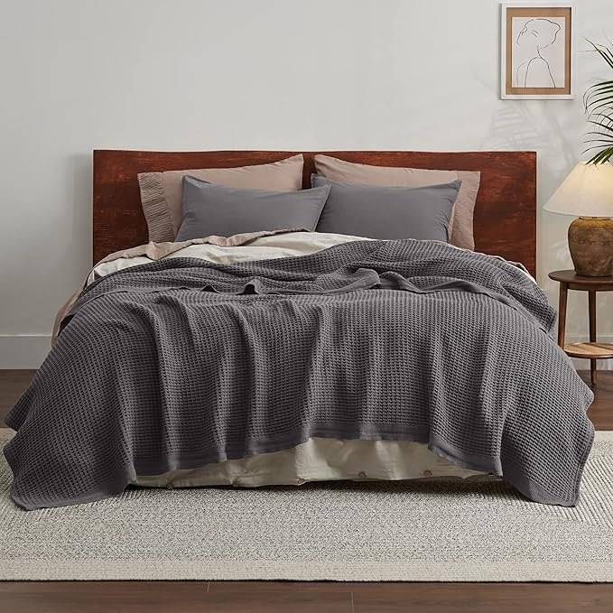 Bedsure Gentlesoft 100% Cotton Blanket Queen Size for Bed - Cooling Breathable and Soft for Spring Summer, Thick Cozy Waffle Weave Blanket Gifts for Women, Dark Grey, 90x90 Inches