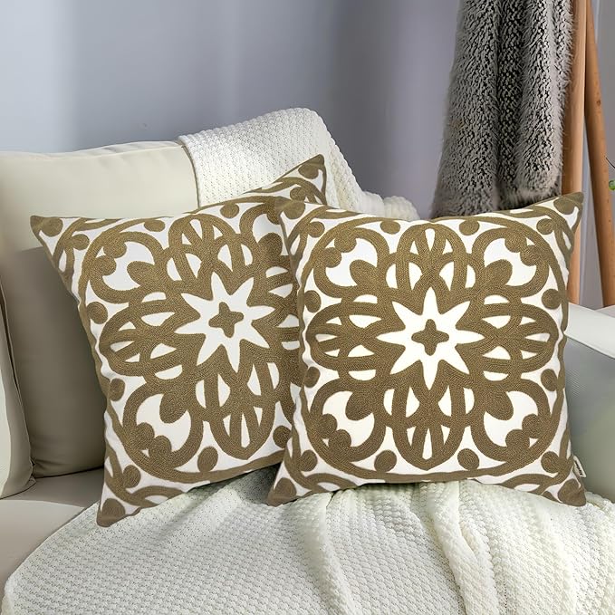Alysheer Embroidered Summer Decorative Throw Pillow Covers 18"x18" Set of 2, Classic Boho Mandala Green Pattern Cotton Canvas Chic Cushion Cases for Sofa Couch Bed Living Room Decor (Taupe Khaki)