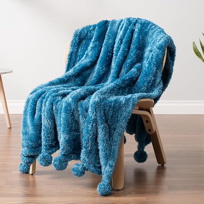 PAVILIA Teal Sherpa Throw Blanket for Couch, Warm Plush Pom Pom Blanket Twin, Fuzzy Sofa Throw for Bed, Lightweight Soft Cozy Fluffy Blanket With Pom Poms, Turquoise, 60x80