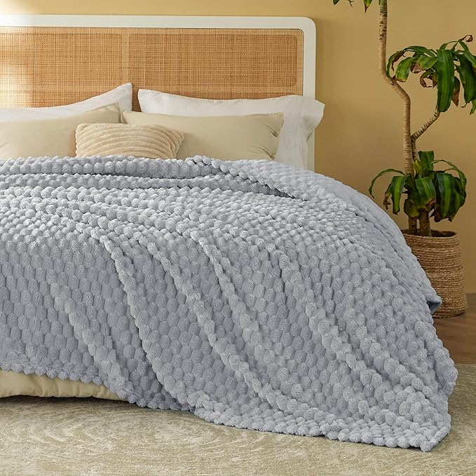 Bedsure Blanket Queen Size for Bed - 350GSM Fluffy Plush Bubble Blanket Queen Size for Home Room Decor, GentleSoft Cute Fleece Soft Cozy Gifts for Women Girls, Light Grey, 90x90 Inches