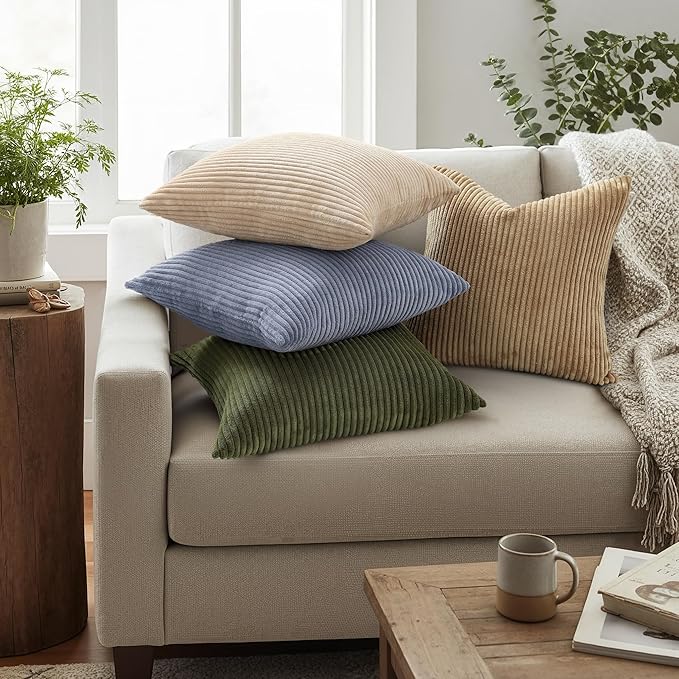 Mecatny Corduroy Decorative Throw Pillow Covers 12x20 Set of 2 for Sofa Living Room, Soft Neutral Boho Couch Pillow Covers for Home Decor, Blue Grey