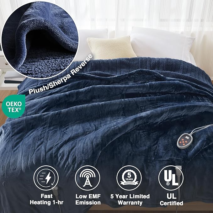 Beautyrest Heated Blanket, Electric Blanket, Soft, Warm, Reversible Plush - Sherpa Heating Blanket with 20 Heat Settings, 1-10 hrs Timer Auto Shut Off, Machine Washable, Full (84 inx80 in), Indigo