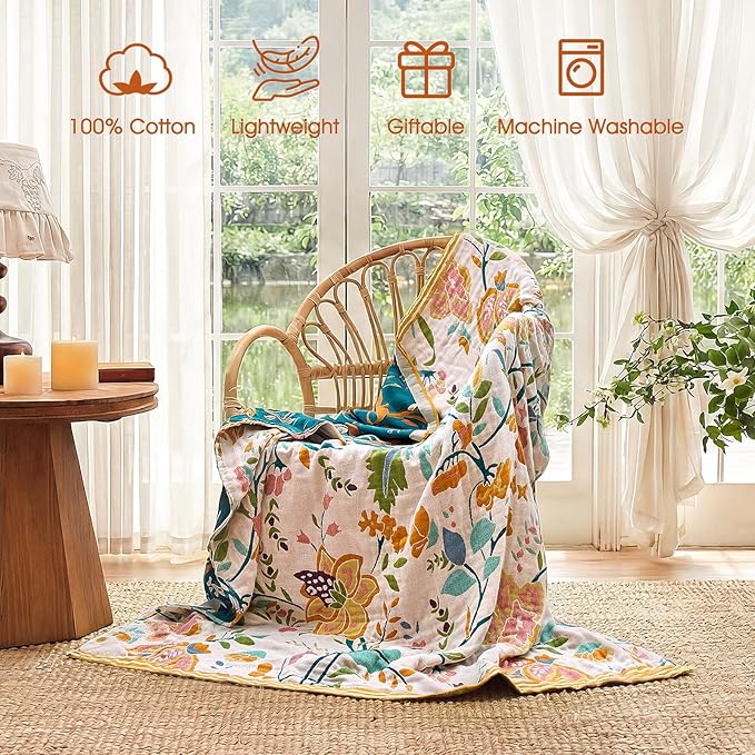 Boho Throw Blanket - 50"x60" 100% Cotton Ultra Soft Lightweight Blanket, 4-Layer Breathable Muslin Spring Blankets for Bed Couch, Reversible Green Floral Printed Bohemian Cotton Quilt