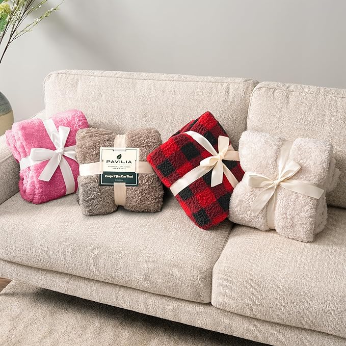 PAVILIA Sherpa Throw Blanket for Couch Sofa, Pink Fluffy Warm Plush Blanket for Twin Bed, Cozy Super Soft Lightweight Throw, Fuzzy Decorative Blanket, All Season Home, 60x80