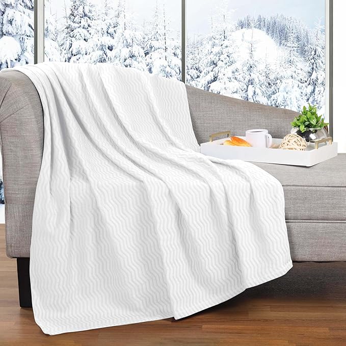 Superior JENA Cotton Blanket, for Picnic, Beach, Traveling or Camping, Bedroom Decor, Essentials, Cover for Bed, Couch, Lounging, Textured Jacquard, Modern Chevron Woven Blanket, Full/Queen, White