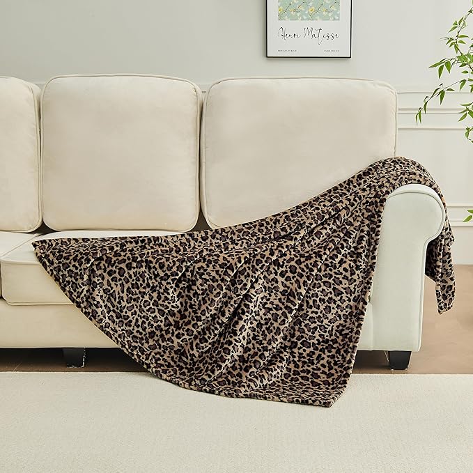 Leopard Print Blanket Fleece Throw for Bed Sofa Travel and Camping, Super Soft Cozy Fluffy Plush Cheetah Print Blanket for All Seasons 50"x60" (Mocha Brown)