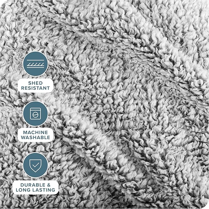 Bare Home Faux Shearling Blanket - Throw Size - Blanket for Bed, Sofa, Couch, Camping, Travel, and Gifts - Warm & Lightweight - Fluffy & Soft (Throw, Tipped Grey)