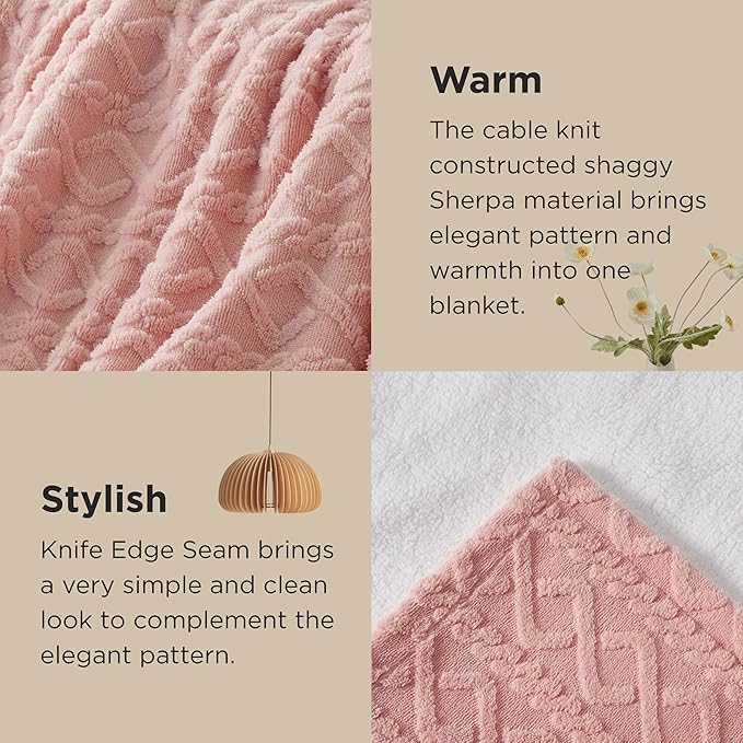 Bedsure Gentlesoft Sherpa King Size Blanket for Bed- Fleece Fluffy & Cozy Cable Jacquard Tufted for Women Gift, Thick and Warm Christmas Blanket for Winter, Pink, 108x90 Inches