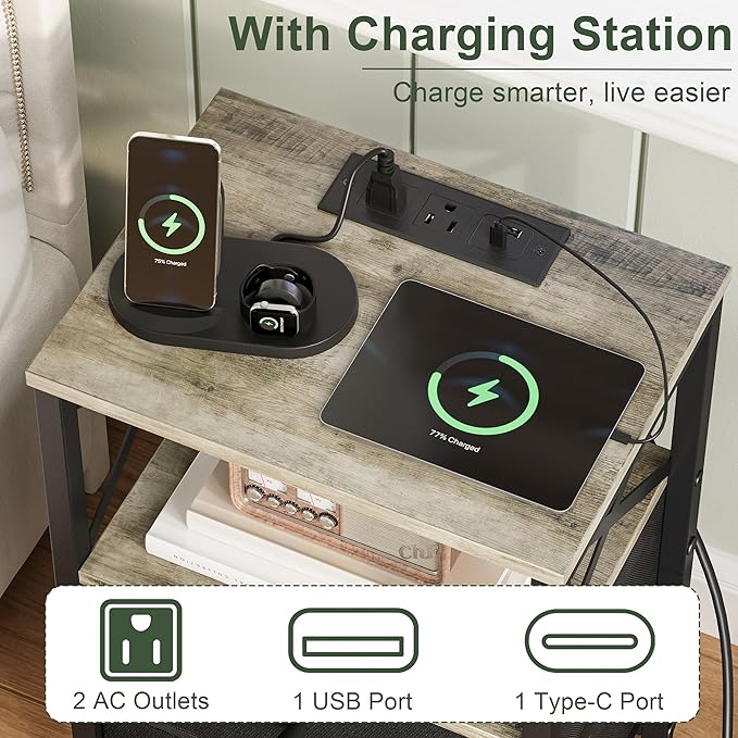 Nightstand Set of 2,Nightstands with Charging Station, Small Bedside Table with Storage, End Table with USB Ports & Outlets,with Fabric Drawers,for Couch, Bedroom(Natural Greige) LET105QK-2