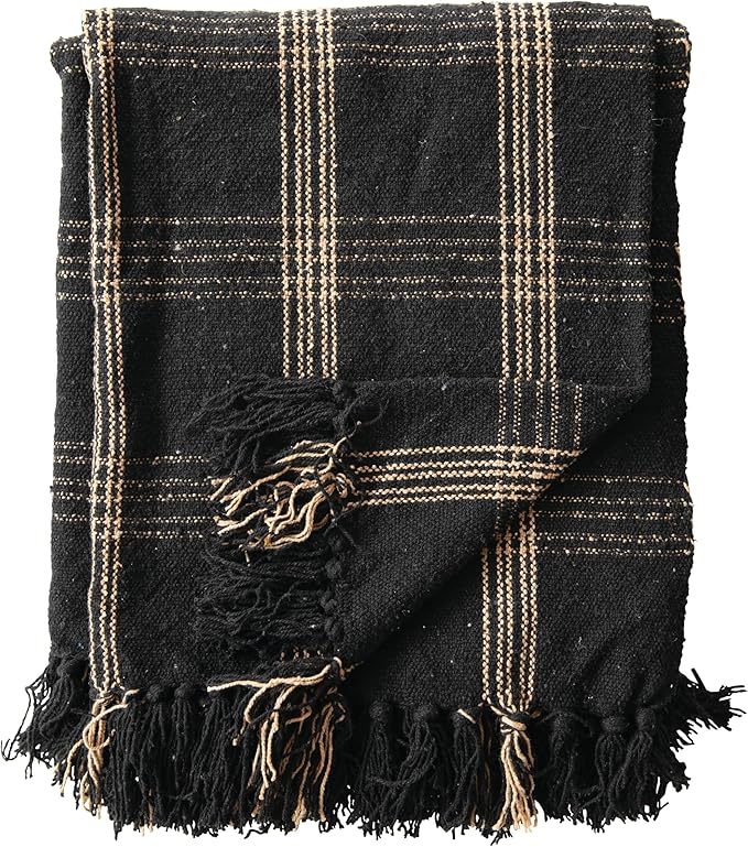 Plaid Black & Tan Fringed Woven Cotton Blend Throw