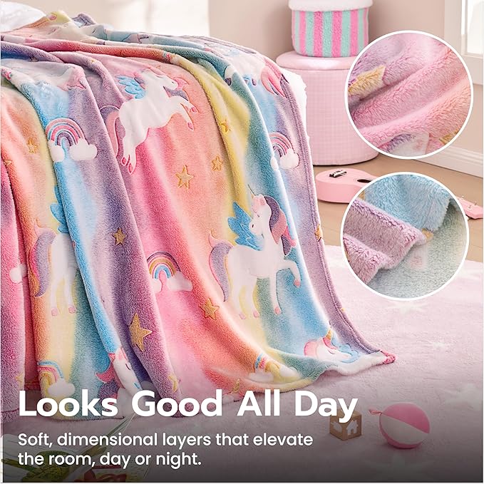 Joiedomi Glow in The Dark Blanket Unicorn Toys for Girls Age 2 3 4 5 6 7 8 9 10 11 12 Year Old Girl Gifts, Soft Cozy Flannel Kids Throw Blanket, Birthday Bedroom Decor 40"×60"